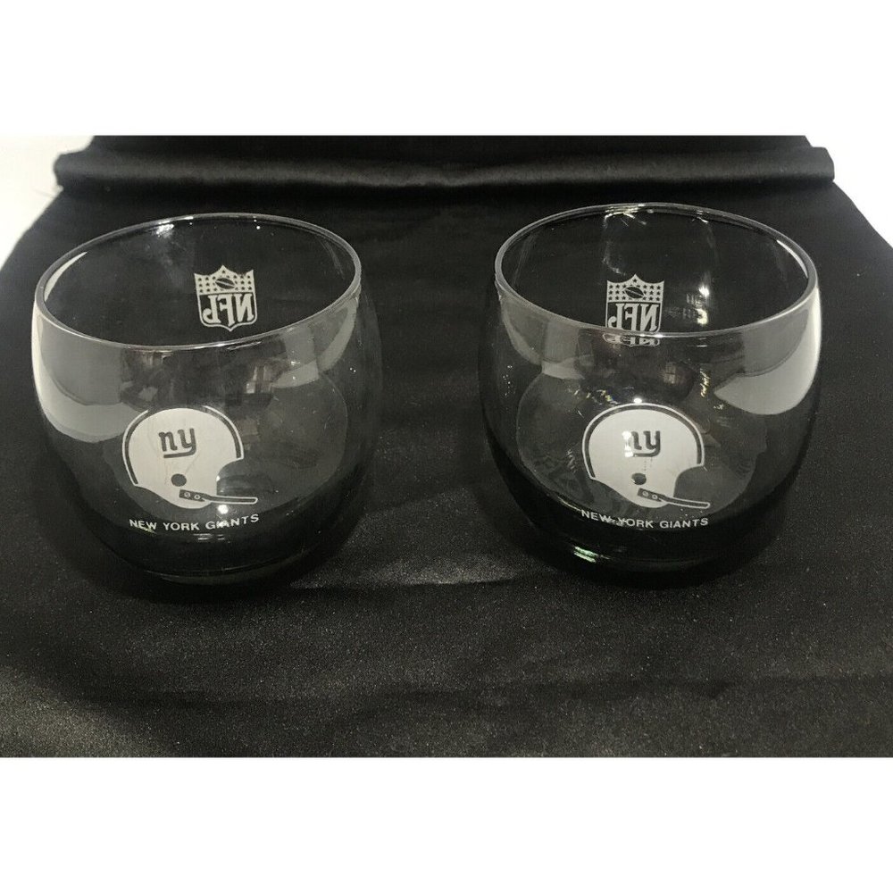 VTG 70’s NY Giants NFL Roly Poly Gray Smoke Fade Drink Bar Glasses SET 2 PC